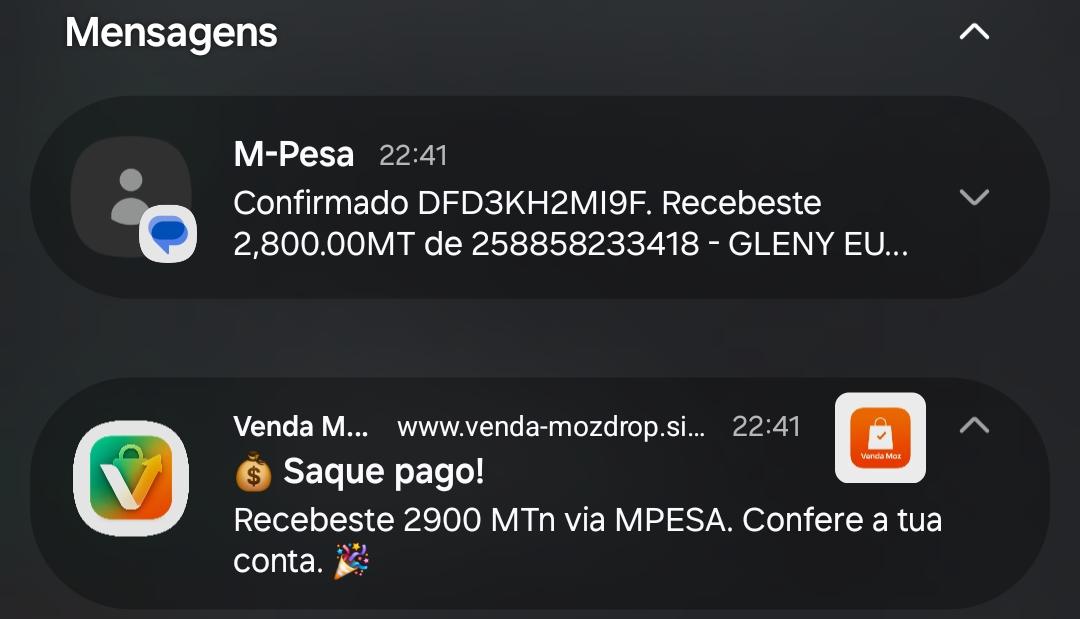 Notificação real: Saque pago via M-Pesa